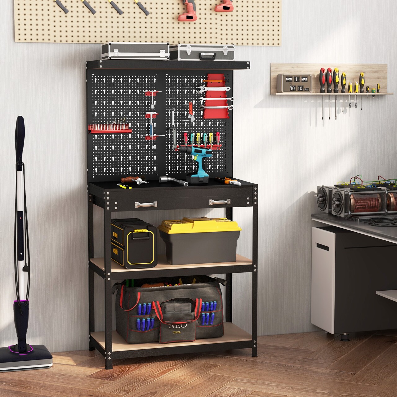 Freestanding Tool Storage Workbench with Pegboard with 14 Hanging Accessories and 2 Drawers